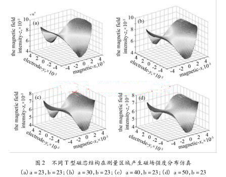 不同 T 型磁芯结构在测量区域产生磁场强度分布仿真